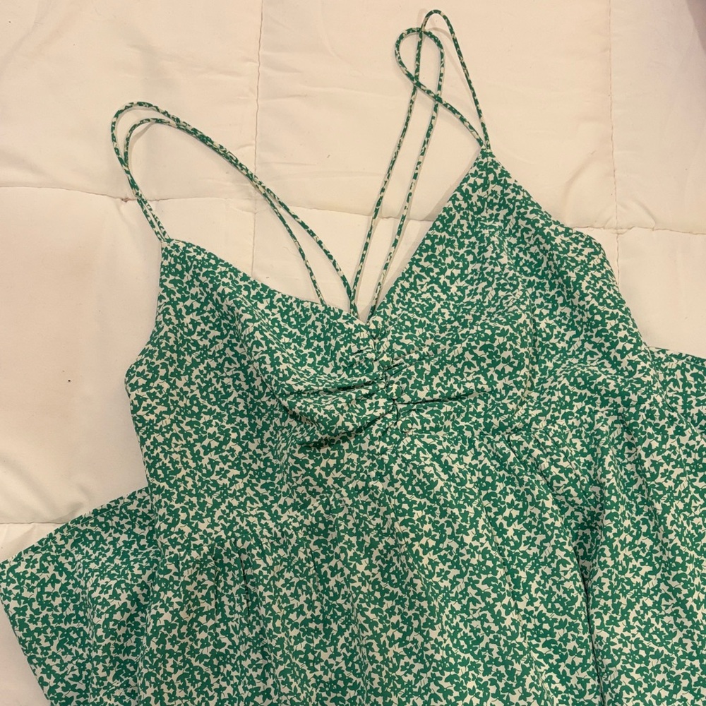 vestique green floral printed cross back mini dress